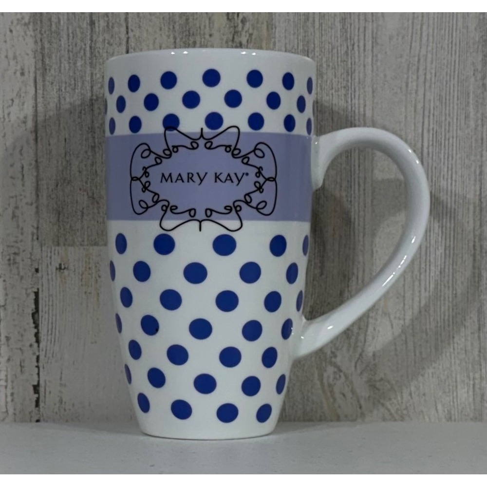 Mary Kay 2013 Blue Polka Dot White Ceramic Coffee‎ Mug Large Tall